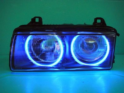 ☆小傑車燈家族☆全新超亮BMW E36專用CCFL藍光圈玻璃魚眼大燈一組4500