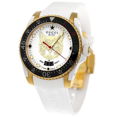 GUCCI YA136322 古馳 手錶 40mm  白底貓頭面盤 橡膠錶帶 男錶 女錶