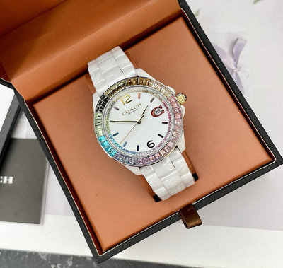 COACH Grayson 彩色水鑽圈 白色錶盤 白色陶瓷錶帶 石英 女士手錶 14504019