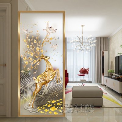 新中式彩繪藝術玻璃屏風隔斷客廳衛生間磨砂透光明雙面入戶發財鹿正品