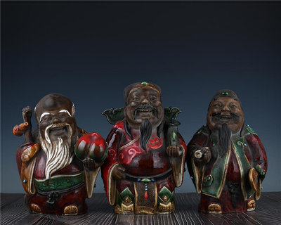 舊藏清晚期塑像瓷雕三星高照古董古玩古瓷器文玩藝術老物高27厘米寬20厘米編號7936
