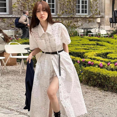 韓國💛白鏤空刺繡蕾絲襯衫洋裝 +花邊短褲 套裝