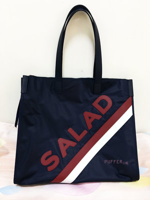 Puffer小姐~~ salad 全新 深藍色 紅 白 LOGO 真皮 尼龍 超大 容量 肩背 托特包 包包