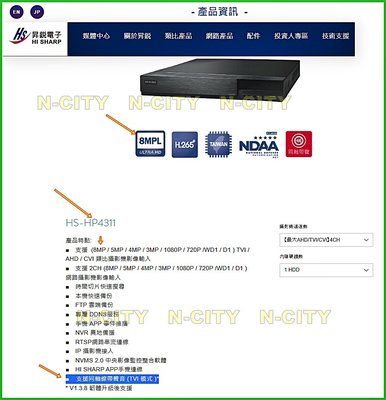 台灣晶片NDAA【昇銳公司貨】4路4聲800萬畫素4K/DVR錄放影機TVI/AHD同軸音頻HS-HP4311台灣製造