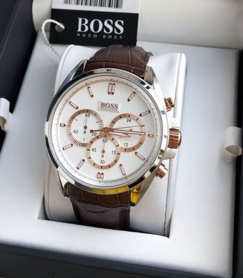 HUGO BOSS 白色面錶盤 棕色皮革錶帶 石英 三眼計時 男士手錶 1512881