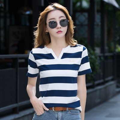 促銷打折 藍白條紋t恤女2021年夏新款純棉短袖t桖雞心領丅恤短款半袖體桖衫
