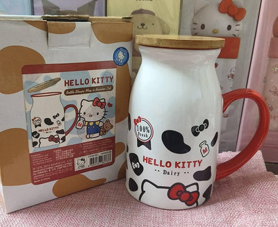 正版﹝Sanrio﹞授權※Hello Kitty凱蒂貓※二件式【木質杯蓋+Kitty牛奶罐造型】陶瓷馬克杯組