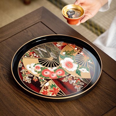 日本進口山中漆器金箔舞扇茶盤家用復古餐具托盤果盤傳~特價#促銷 #現貨