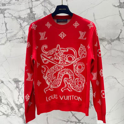 法國精品Louis Vuitton LV紅色龍緹花羊毛長袖毛衣 代購