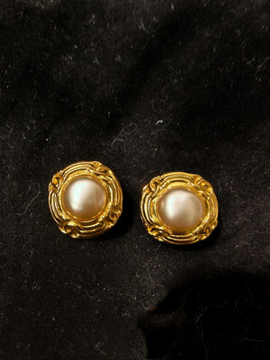 正品Chanel中古耳夾耳環vintage首飾鍍金珍珠圓形耳