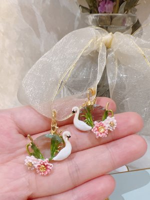 廠家直銷#Les Nereides 法國琺瑯首飾品 白天鵝 兩朵粉色蓮花 鑲鉆寶石耳環耳釘耳夾耳鉤