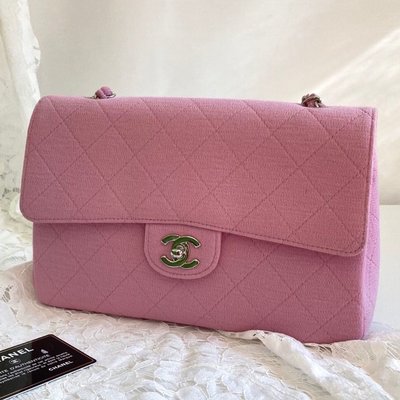 Chanel vintage 粉色棉布CF 25銀釦鏈條包