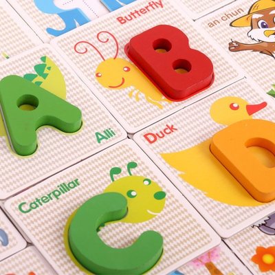 ＊賢媽優品＊木制字母卡 配對ABC學習卡 字母卡通拼圖配對 ABC動物字母認知卡 字母卡片木制拼板 A-Z立體配對圖卡