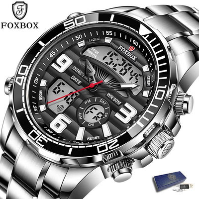 FOXBOX雙顯示男士手錶時尚防水夜光計時碼表數字LIGE男士運動手錶