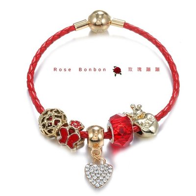 開運真皮紅繩皮繩手環手鍊 潘朵拉愛心水鑽吊墜 紅色串珠手工飾品禮物Rose Bonbon W2H04