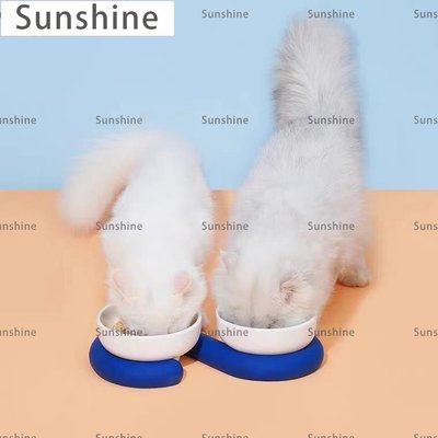 [Sunshine]zeze強化陶瓷貓碗寵物食盆保護頸椎防打翻斜口水碗雙碗組合斜食盆