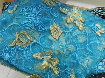奢華金線立體刺繡網紗布料藍色零碼布 115x90cm
