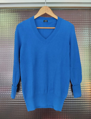 美國品牌 J. Crew 寶藍色100% Cashmere 喀什米爾山羊絨柔軟保暖V領長袖毛衣-女