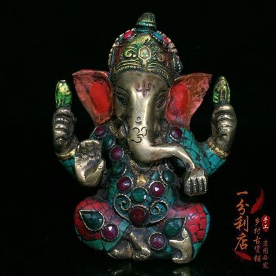 現貨 尼泊爾純銅鎏金銅鑲嵌松石象鼻財神泰國象神藏傳佛像吸