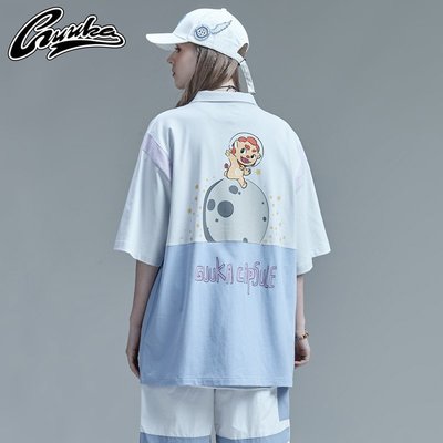 運動潮品 GUUKA古由卡獅來運轉聯名潮牌撞色純棉短袖t恤女嘻哈5分袖POLO衫