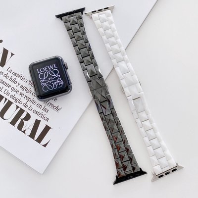 Apple watch4567/SE陶瓷錶帶 蘋果8代三珠蝴蝶扣菱格紋表帶 三星紅米智慧手錶通用