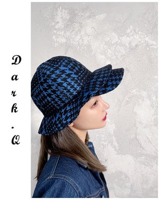 Dark.Q CAP 藍黑千鳥格雙層帽檐漁夫帽原創設計師時髦小眾氣質盆帽時髦配飾