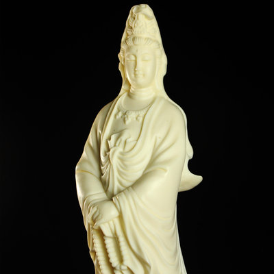【桑園の】象牙果 牙白色 佛像雕件 持珠觀音 20公分 佛像 立像 盒附 Q 6034