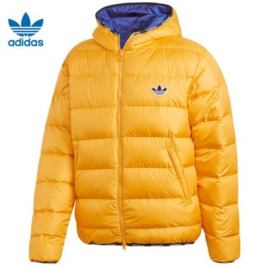 MOMO潮品-Adidas 愛迪達 三葉草 黃色 雙面穿 羽絨外套 藍面 大logo gf7122