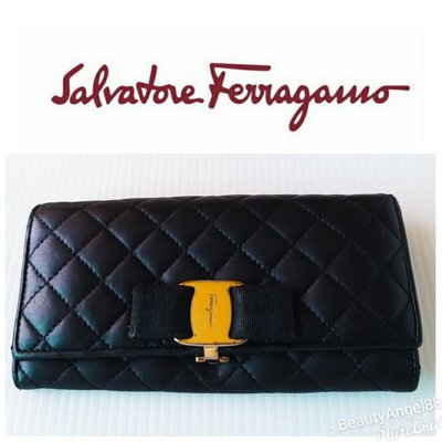 真品 費洛加蒙 SALVATORE FERRAGAMO 羊皮 菱格紋 皮夾 長夾零錢包498 一元起標SF名牌精品