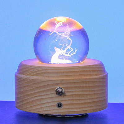 八音盒diy發光木底座工藝品實木發光水晶球旋轉音樂盒小夜燈底座