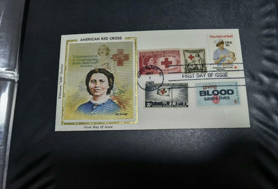 二手 美國絲綢封，1981年行，紅十字會100周年紀念，Y042 紀念票 郵票 首日封【天下錢莊】245