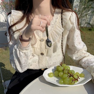 M-4XL長袖蕾絲衫 韓國 荷葉邊 素色鏤空蕾絲襯衫 大尺碼上衣