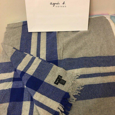 Agnes b. 經典格紋 灰色 藍色條紋  圍巾 披肩 正方型 大方巾 義大利製 雙面 在臺