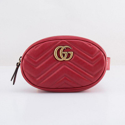 GUCCI 476434 GG Marmont 紅色 牛皮 復古金 GG logo 腰包