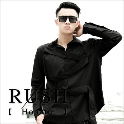 RUSH Hombre (韓國空運 現貨) 視覺系前胸不對稱交岔垂墜接帶長袖襯衫 (男女皆可) (原價1280)