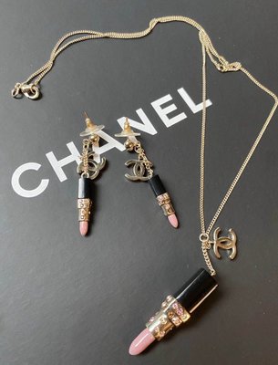 老香Chanel vintage 粉色口紅 項鍊，耳環 可拆開買 絕版少見