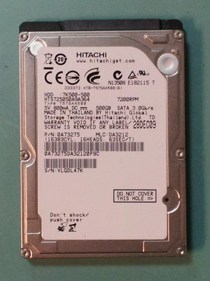HITACHI日立 2.5吋 500GB(500G) SATA筆電硬碟 HTS725050A9A364 (瑕疵#401)