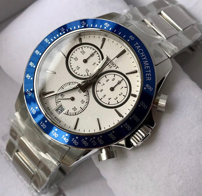 TISSOT V8系列 藍白色面錶盤 銀色不鏽鋼錶帶 三眼計時 男士手錶T1064171103100天梭腕錶