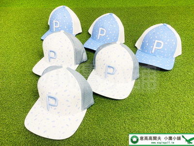 [小鷹小舖] PUMA GOLF 023412 高爾夫球帽 110零食圖樣卡車帽 單一尺寸可調式 正面飾3D刺繡 白/藍