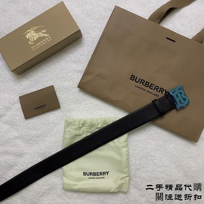 二手精品代購Burberry 新款TB 銀色logo牛皮皮帶