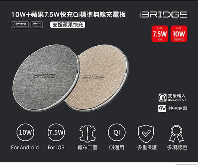 iBRIDGE 10W超薄型無線充電盤布衣款 IBW003-1 10W快充Qi標準無線充電板