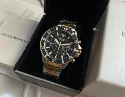 EMPORIO ARMANI 金色配銀色不鏽鋼錶帶 石英 三眼計時 男士手錶 AR11361