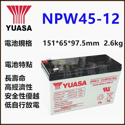 頂好電池-台中 台灣湯淺 NPW45-12 12V 45W 長壽命型鉛酸電池 NP7-12 加強版 不斷電系統 測量儀器
