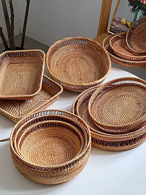 越南天然植物秋藤編織果盤鏤空零食干果盤水果糖果籃子桌面收納筐