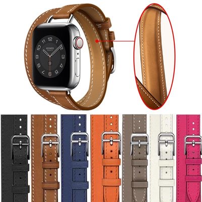 黑扣 Apple Watch Series 7愛馬仕真皮錶帶 蘋果手錶頭層小牛皮替換錶帶 41/45MM
