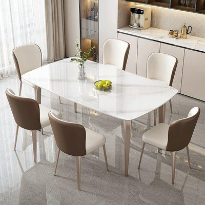 意式輕奢亮光巖板餐桌椅組合大小戶型現代簡約租房客廳長方形飯桌~訂金