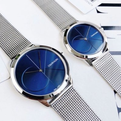 CALVIN KLEIN Minimal 藍色錶盤 銀色不鏽鋼米蘭編織錶帶 石英 男女手錶 CK情侶對錶 K3M2112N/K3M2212N