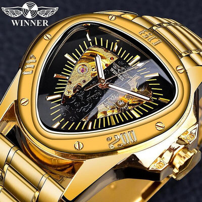 新款WINNER機械手錶鏤空三角形全自動機械錶男表男士鋼帶學生手錶