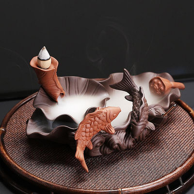 跨境紫砂中式倒流香爐工藝品 創意荷葉年年有余檀香倒流香爐擺件現貨佛教道教用品