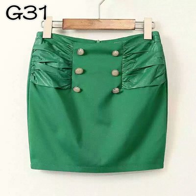 G31 淺綠M碼  兩排三扣抓摺褶皺PU拼接 包臀短裙